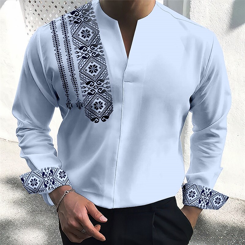 Men's Shirt Floral Vintage Geometry Totem V Neck Outdoor Street Long Sleeve Print  Fashion Casual Top