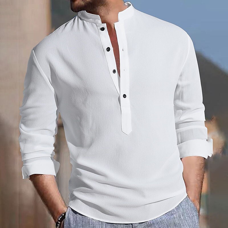 Men's Casual Hawaiian Vacation Street Comfortable Breathable Light Plain Stand Collar Long Sleeve Henley Shirt
