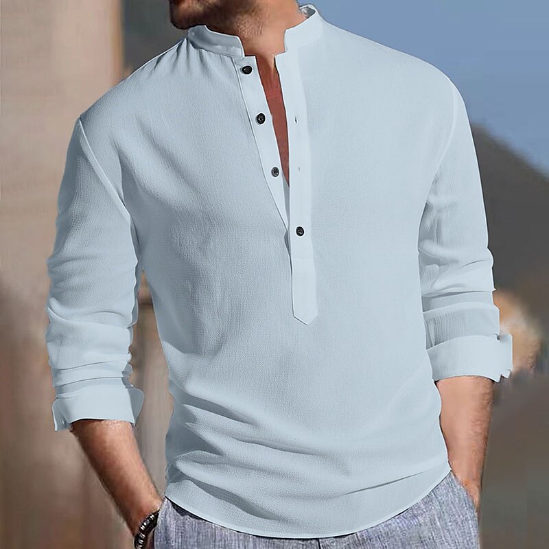 Men's Casual Hawaiian Vacation Street Comfortable Breathable Light Plain Stand Collar Long Sleeve Henley Shirt