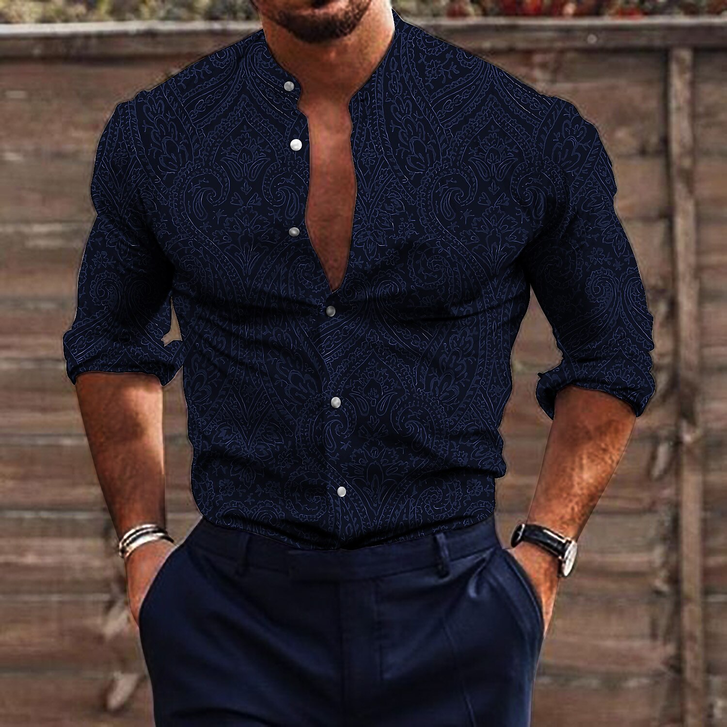 Men's Shirt Floral Stand Collar Print Outdoor Street Long Sleeve Button-Down Print Fashion Retro Vintage Shirt