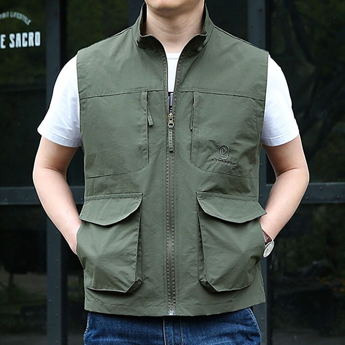 Men's Outdoor Fishing Climbing Casual Breathable Muti-pockets Zipper Light Plain Stand Collar Sleeveless Gilet