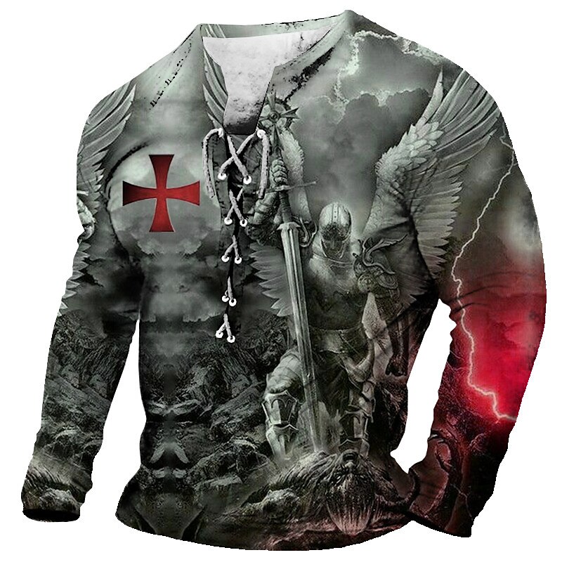 Men's T shirt Graphic Knights Templar Collar Print Daily Going out Long Sleeve Lace up Comfortable Top