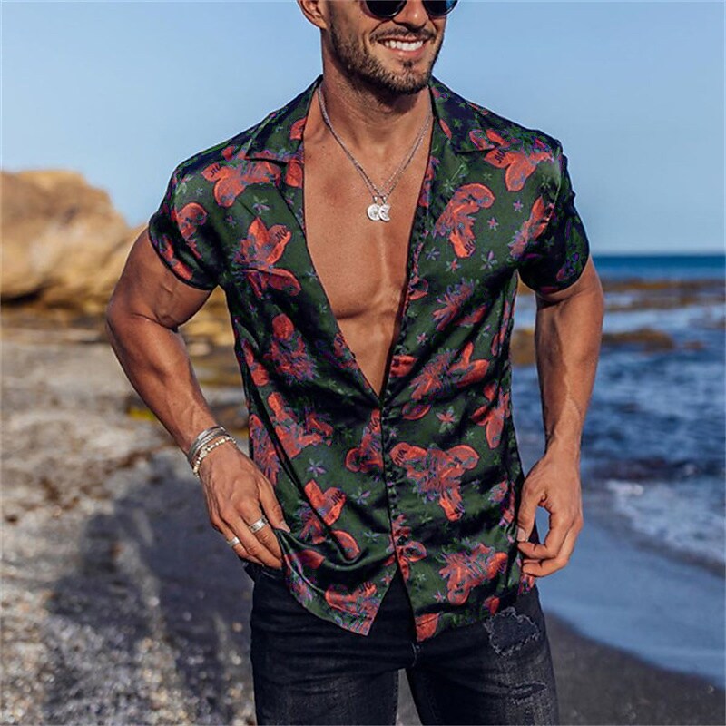 Men's Floral Print Short Sleeve Turndown Tops Beach Outdoor Street But