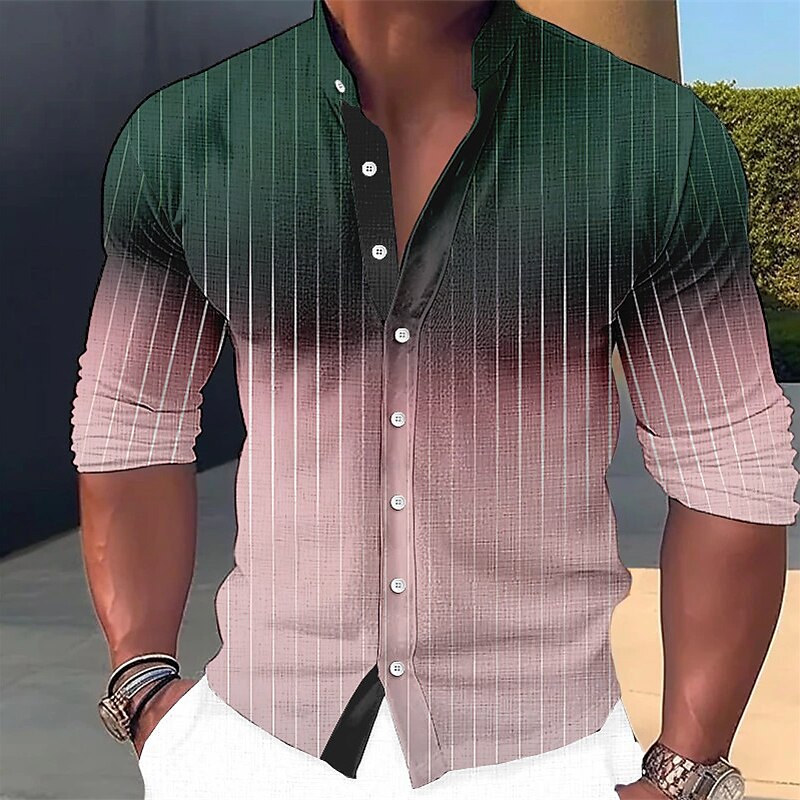 Men's Linen Shirt Gradient Striped Graphic Prints Stand Collar Outdoor Street Long Sleeve Print Fashion Casual Shirt 