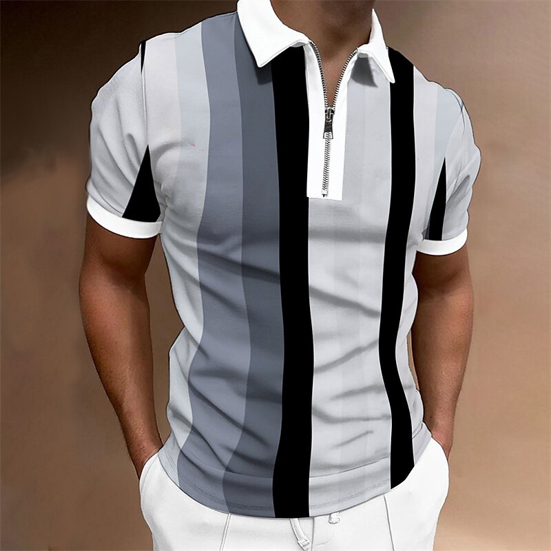 Men's Outdoor Street Fashion Casual Breathable Comfortable Soft Stripes Zipped Short Sleeves Polo Shirt