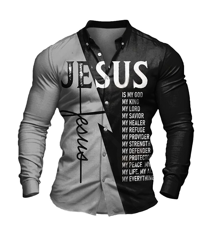 Men's Shirt Letter Graphic Prints Jesus Stand Collar Outdoor Street Long Sleeve Button-Down Print Casual Soft Top