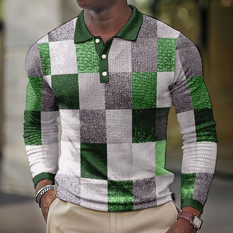 Men's Golf Outdoor Street Casual Breathable Comfortable Soft Plaid Long Sleeves Polo Shirt