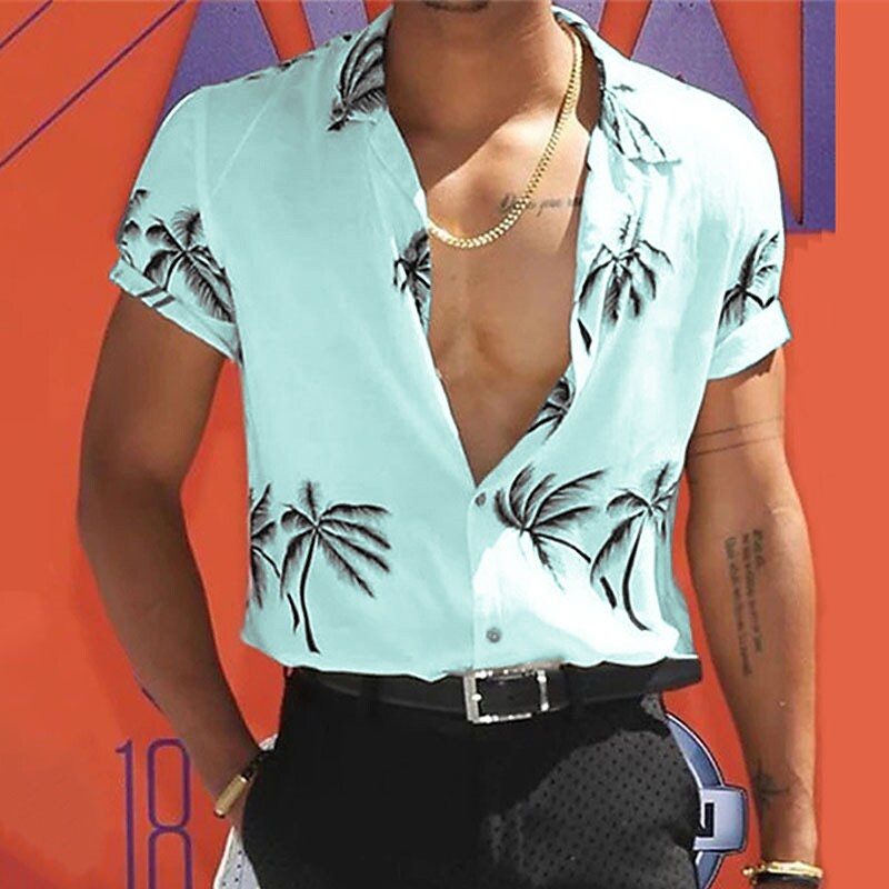 Men's Summer Hawaiian Shirt Button Up Beach Shirt Short Sleeve Tree Tu