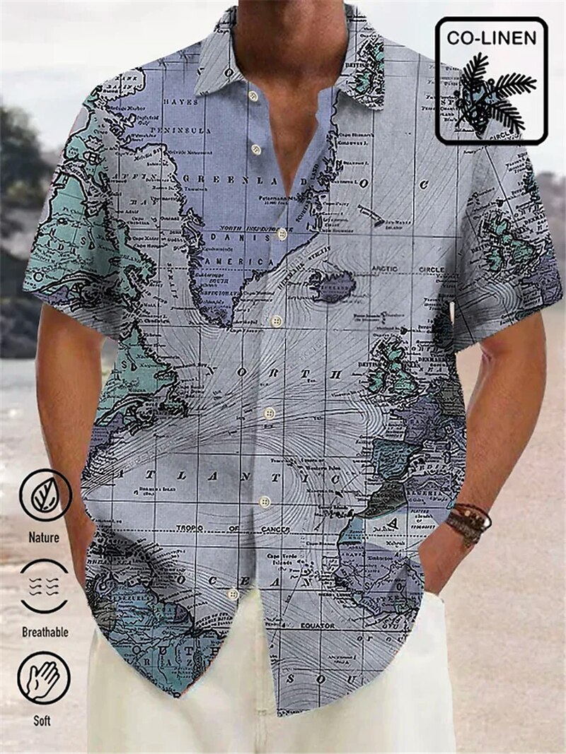 Men's Shirt Map Graphic Prints Vintage Turndown Outdoor Street Short Sleeves Print  Fashion Retro Top