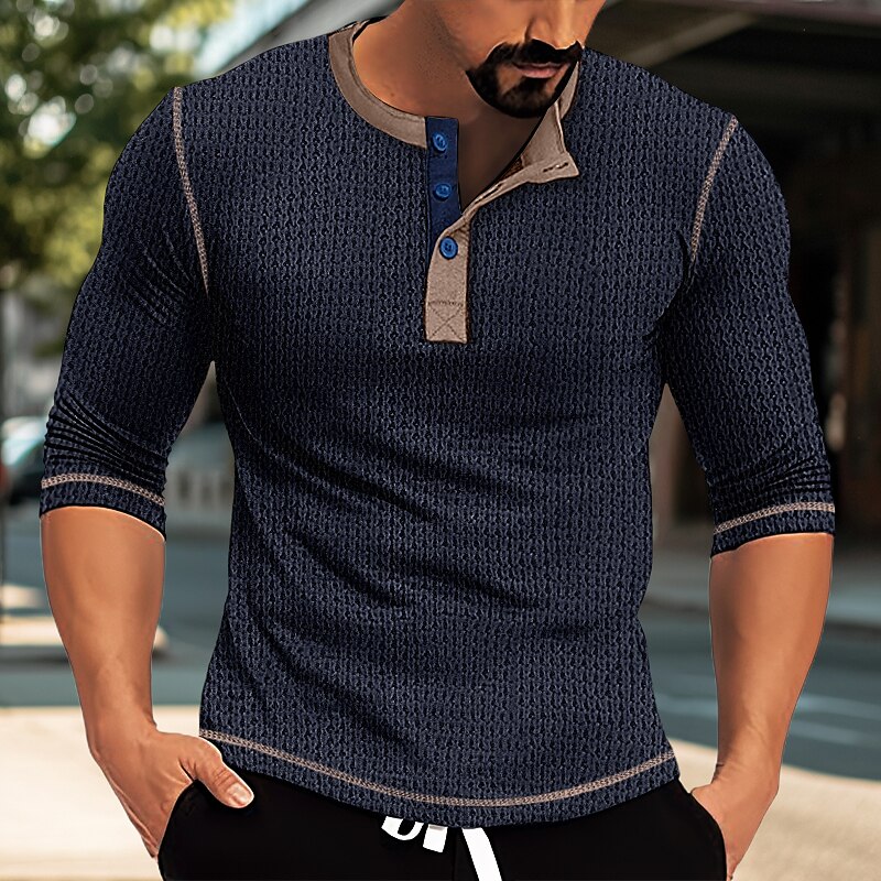Men's Waffle Henley Shirt Plain Henley Street Vacation Long Sleeve Pat