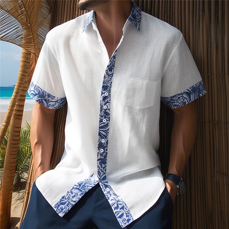 Men's Shirt Linen Shirt Floral Graphic Prints Turndown Outdoor Short Sleeves Linen Fashion Casual Soft Shirt