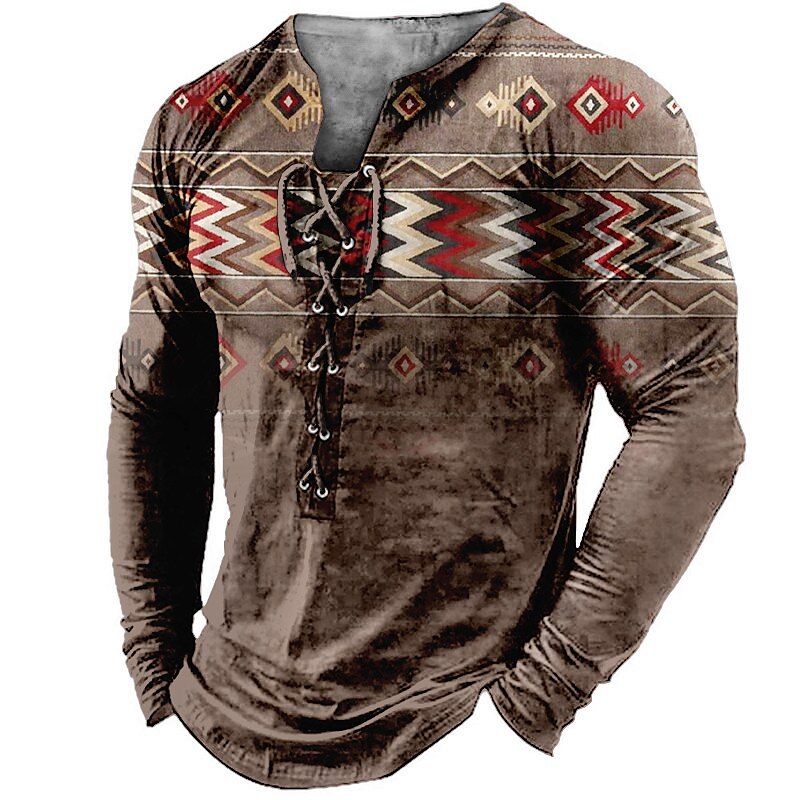 Men's T shirt Graphic Collar Print Outdoor Street Long Sleeve Lace up Print Clothing Boho Top