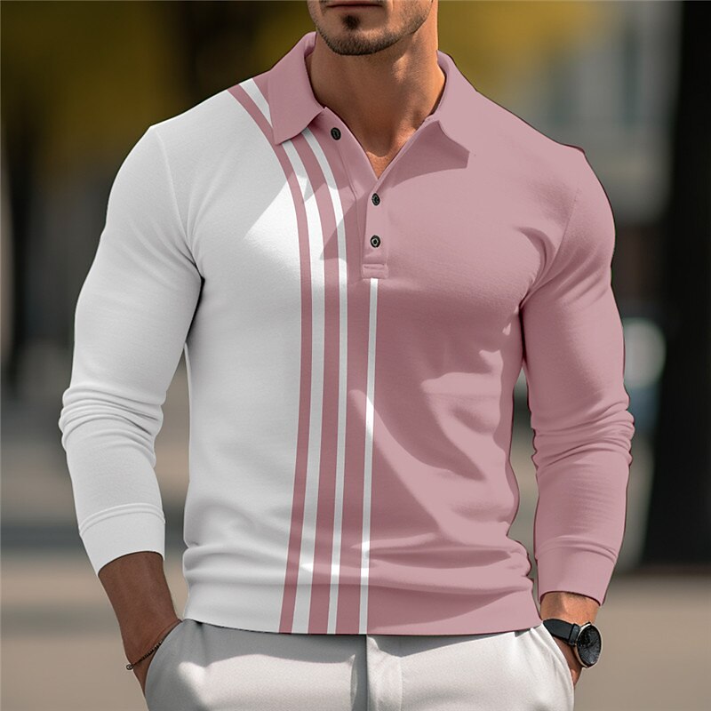 Men's Polo Shirt Golf Shirt Casual Sports Lapel Long Sleeve Fashion Basic Color Block Button Summer Polo Shirt