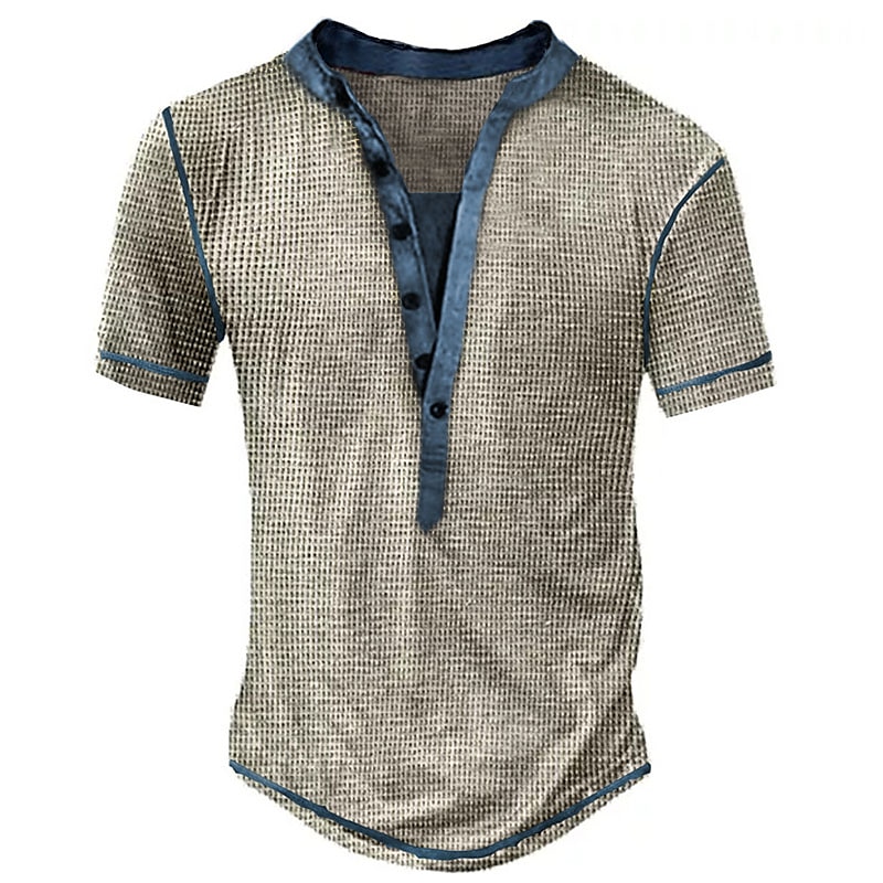 Men's Outdoor Street Fashion Casual Breathable Comfortable Button Light Plain Waffle V-neck Short Sleeve Henley Shirt