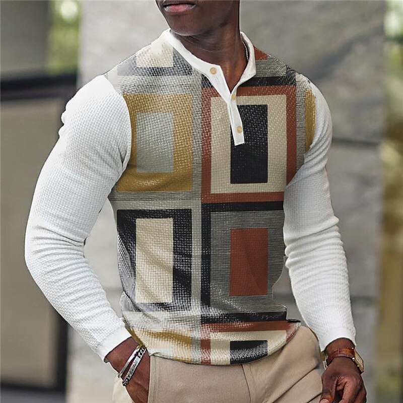 Men's Outdoor Street Fashion Casual Breathable Comfortable Light Waffle 3D Print Long Sleeve Henley Shirt