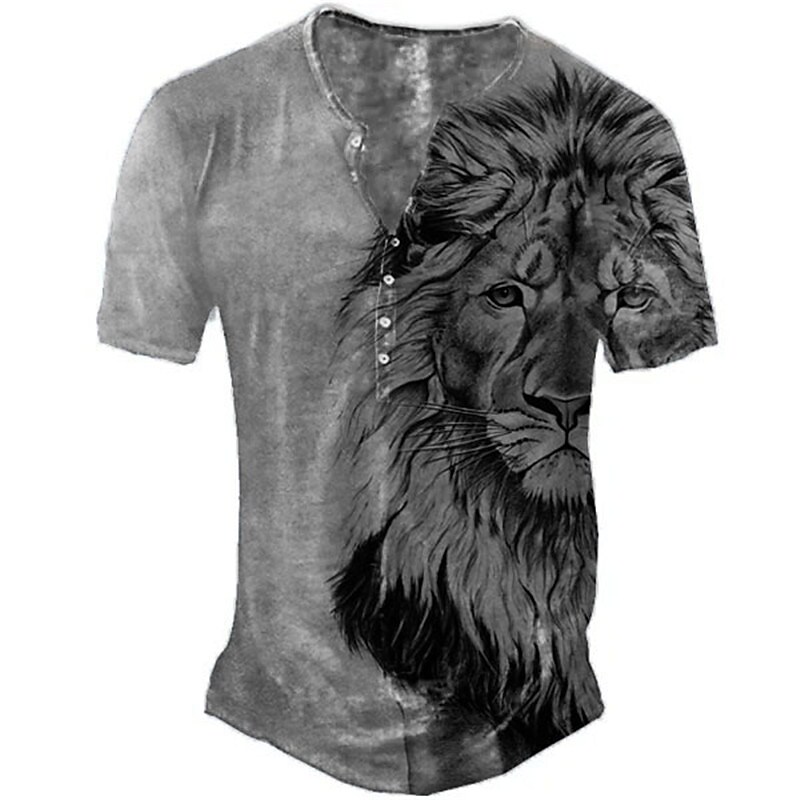 Men's Henley Shirt Graphic Animal Lion Henley 3D Print Outdoor Casual Short Sleeve Button-Down Comfortable Top