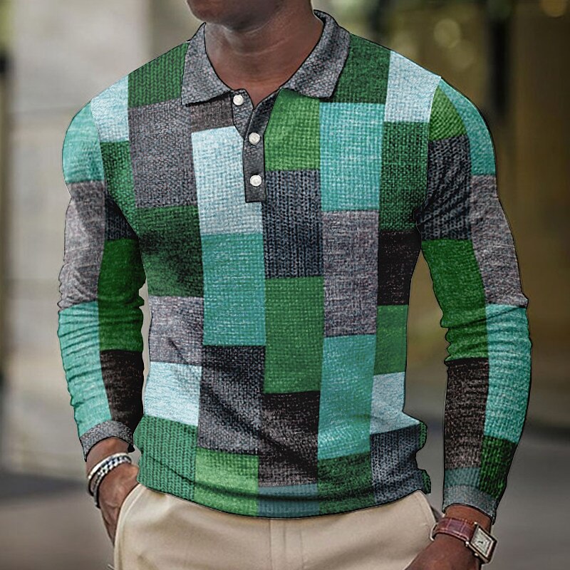 Men's Casual Outdoor Street Fashion Comfortable Soft Plaid Long Sleeves Polo Shirt