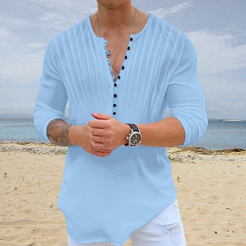 Men's Outdoor Beach Casual Vacation Breathable Quick Dry Comfortable Solid Color Round Neck Long Sleeve Henley Shirt