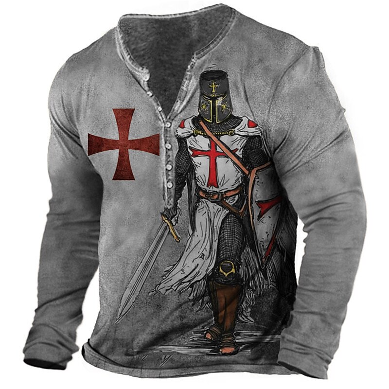Men's Henley Shirt  Graphic Templar Cross Soldier Henley Print Plus Size Outdoor Daily Long Sleeve Button-Down T shirt