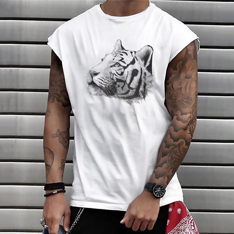 Men's Tank Top Sleeveless Animal Tiger Graphic Prints Crew Neck Hot Stamping Outdoor Sleeveless Print Vest Top