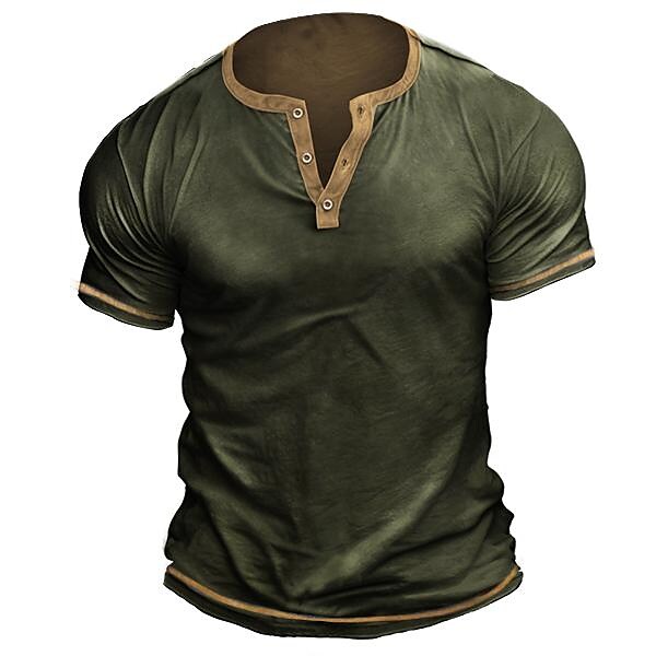 Men's Retro Contrast Color Line Tactical Henley Short Sleeve T-Shirt