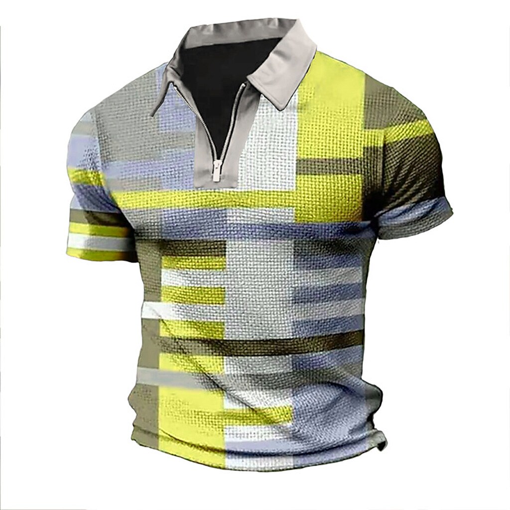 Men's Polo Golf Shirt Plaid Striped Graphic Prints Geometry Turndown Outdoor Street Short Sleeves Zipper Top