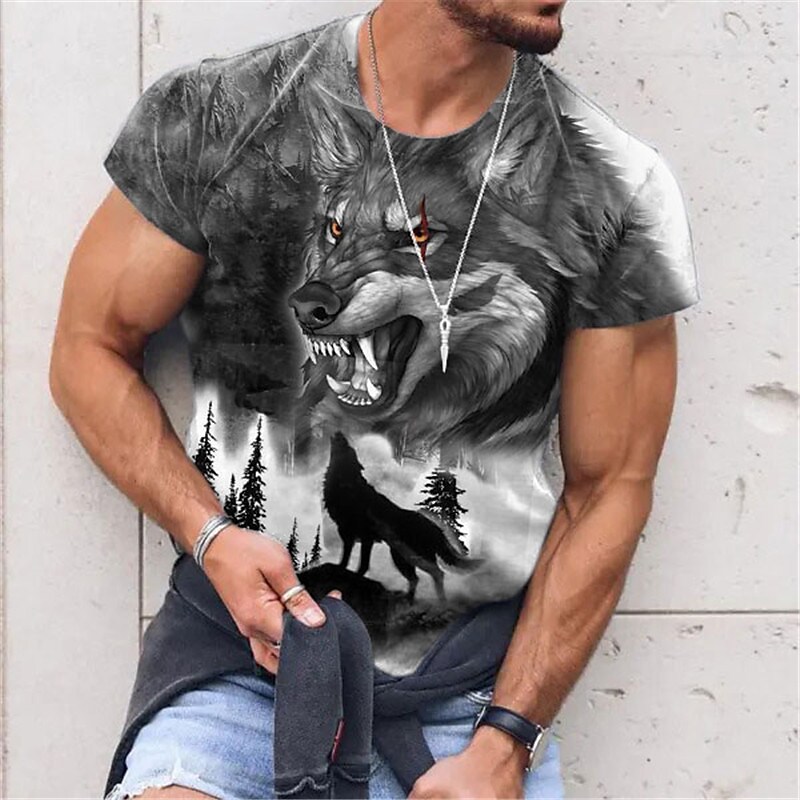 Men's T shirt Graphic Animal Wolf Crew Neck 3D Print Casual Short Sleeve Print Vintage Top