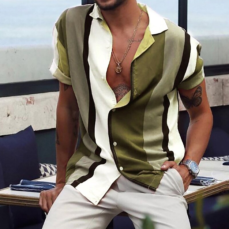 Men's Shirt Striped Collar Street Daily Button-Down Print Short Sleeve Tops Casual Fashion Breathable Comfortable Top
