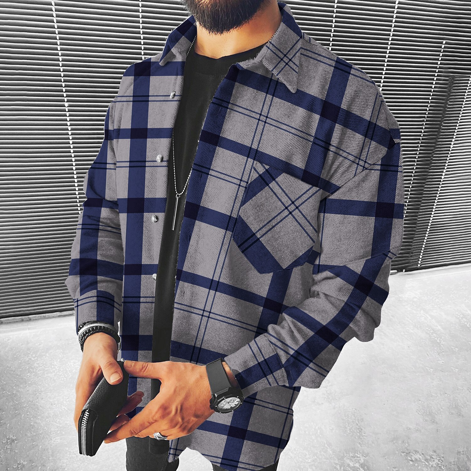 Men's Flannel Shacket Casual Street Outdoor Fashion Comfortable Long Sleeves Jacket Shirt