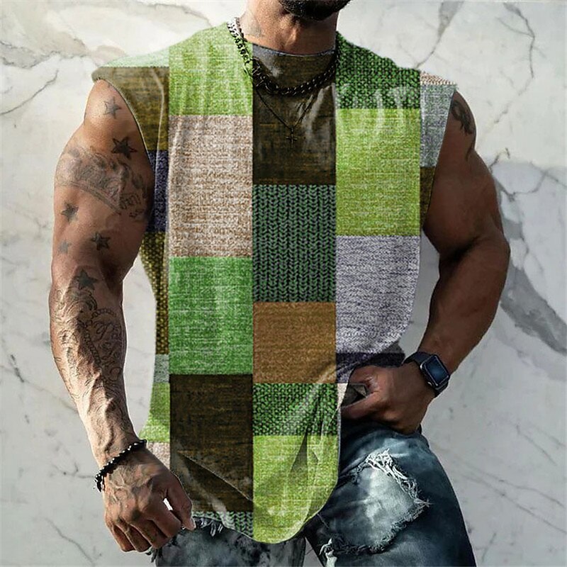 Men's Vest Top Sleeveless  for Men Graphic Color Block Plaid / Check Crew Neck  Print Daily Sports Cap Sleeve Muscle T Shirt