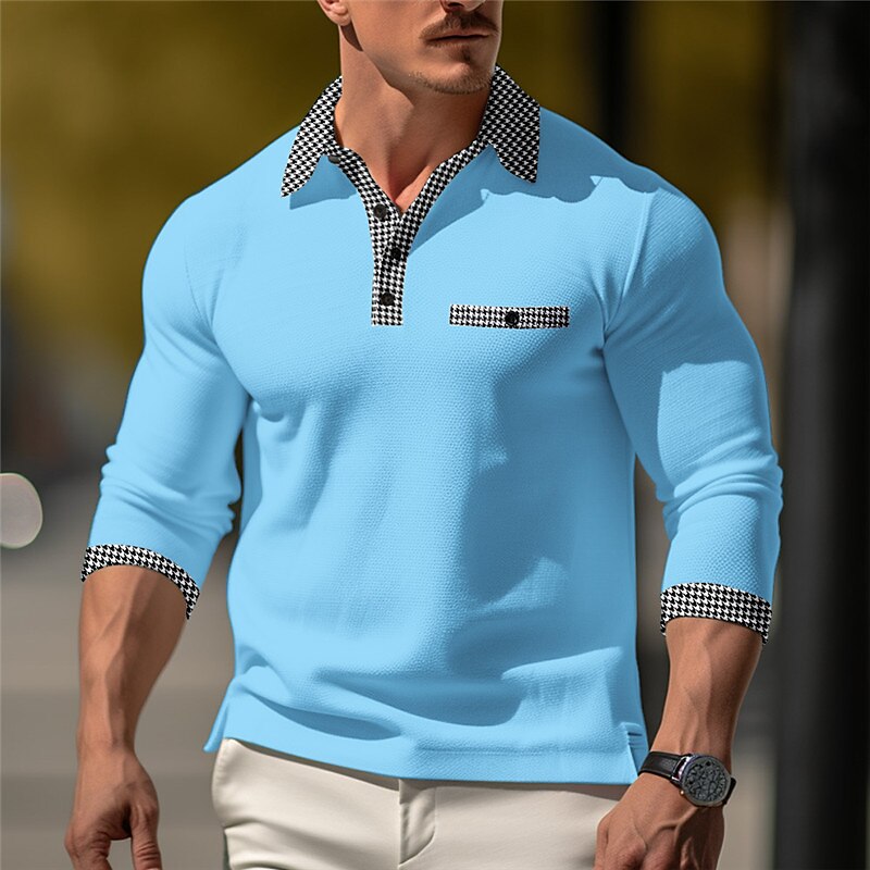 Men's Polo Shirt Casual Sports Lapel Long Sleeve Fashion Basic Patchwork Button Summer Button Up Polos