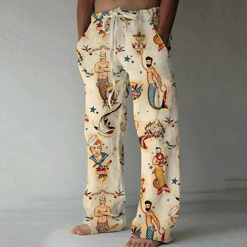 Men's Beach Pants Drawstring Elastic Waist Straight Leg Cartoon Graphic Prints Comfort Casual Daily Holiday Cotton Blend Trousers 