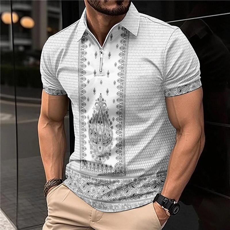 Men's Outdoor Casual Vacation Fashion Comfortable Soft Zipper Print Short Sleeves Polo Shirt