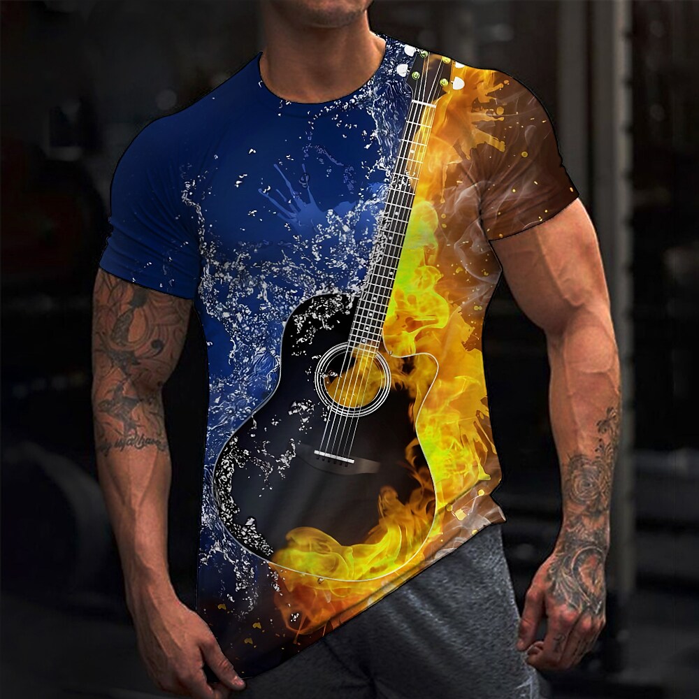 Men's T shirt  Graphic Color Block Guitar Musical Instrument Crew Neck 3D Print Outdoor Casual Short Sleeve Vintage Top