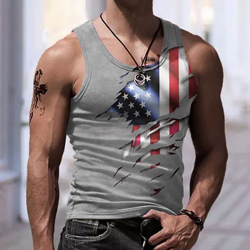 Men's Vest Top Sleeveless Graphic American Flag National Flag Crew Neck 3D Print Sports Sleeveless Top