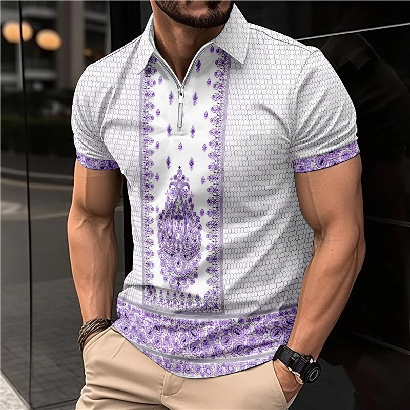 Men's Outdoor Casual Vacation Fashion Comfortable Soft Zipper Print Short Sleeves Polo Shirt
