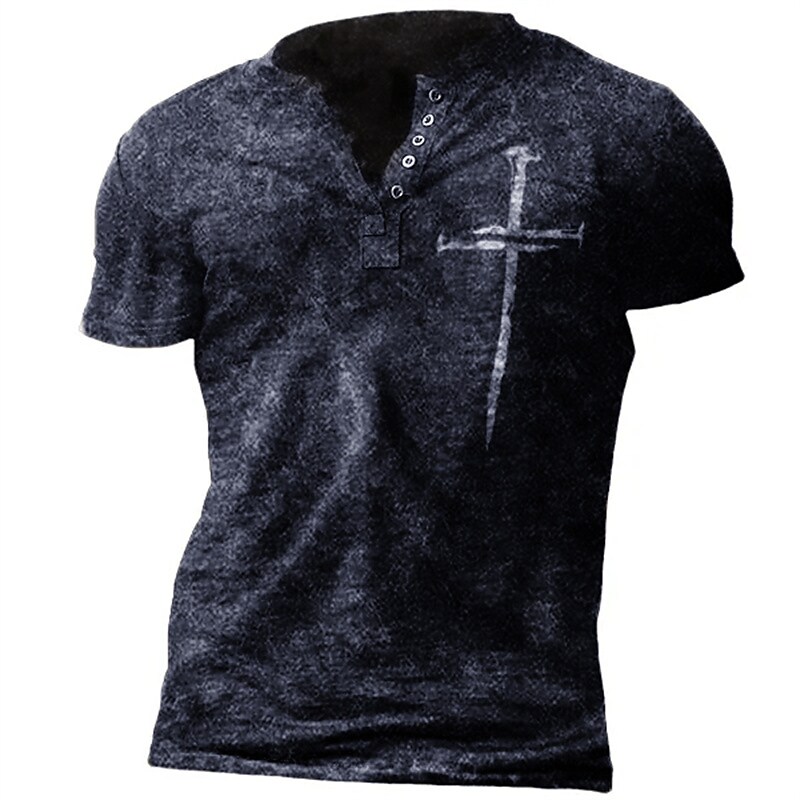 Men's Henley Shirt Graphic Cross 3D Print Outdoor Daily Short Sleeve Button-Down Top