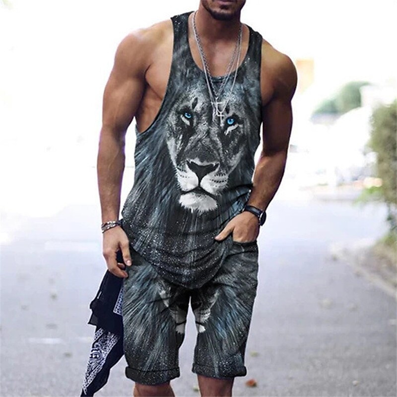 Men's Tank Shorts and T Shirt Set Outfits Graphic Lion Flower / Floral Crew Neck Outdoor Daily Sleeveless 2 Piece Set