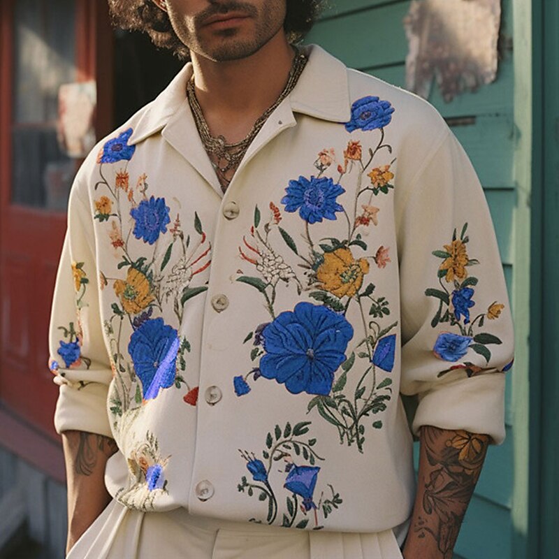 Men's Shirt Floral Graphic Prints Cuban Collar Outdoor Street Long Sleeve Print Fashion Casual Breathable Shirt 