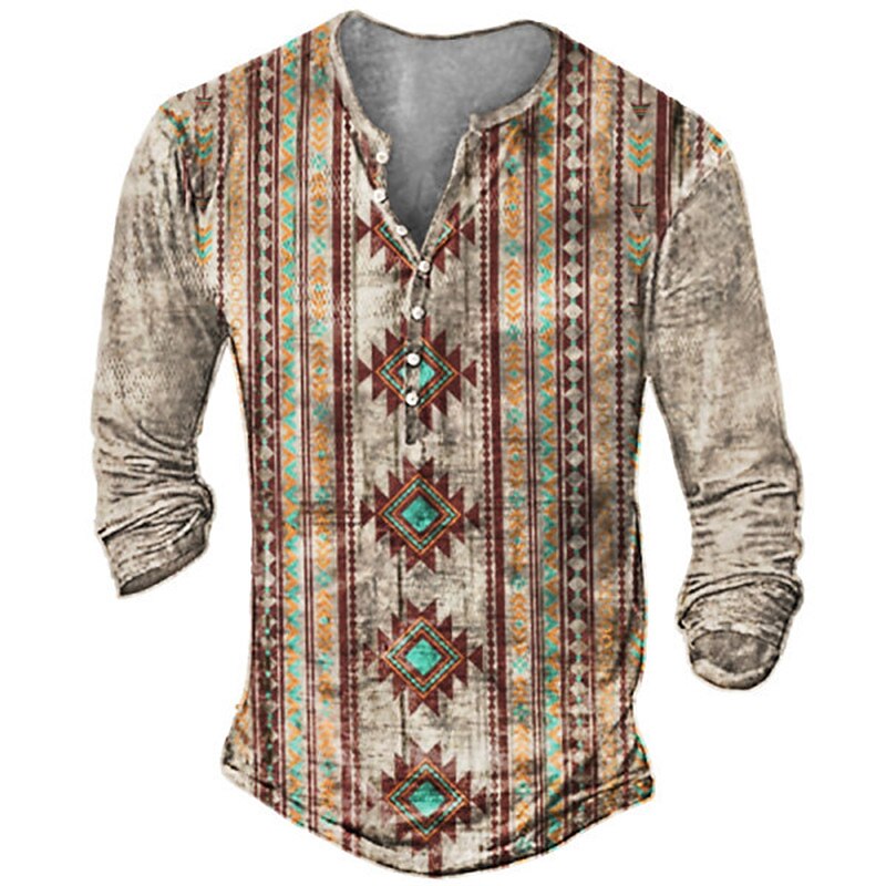 Men's Henley Shirt T shirt  Graphic Tribal Vintage Henley  Street Casual Long Sleeve Button-Down Print Ethnic Style Casual Top