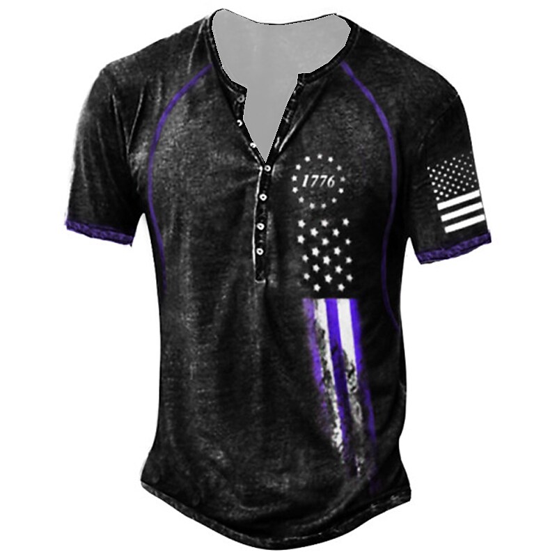 Men's T shirt Henley Shirt Graphic American Flag Henley Outdoor Daily Short Sleeve Button-Down Print Top
