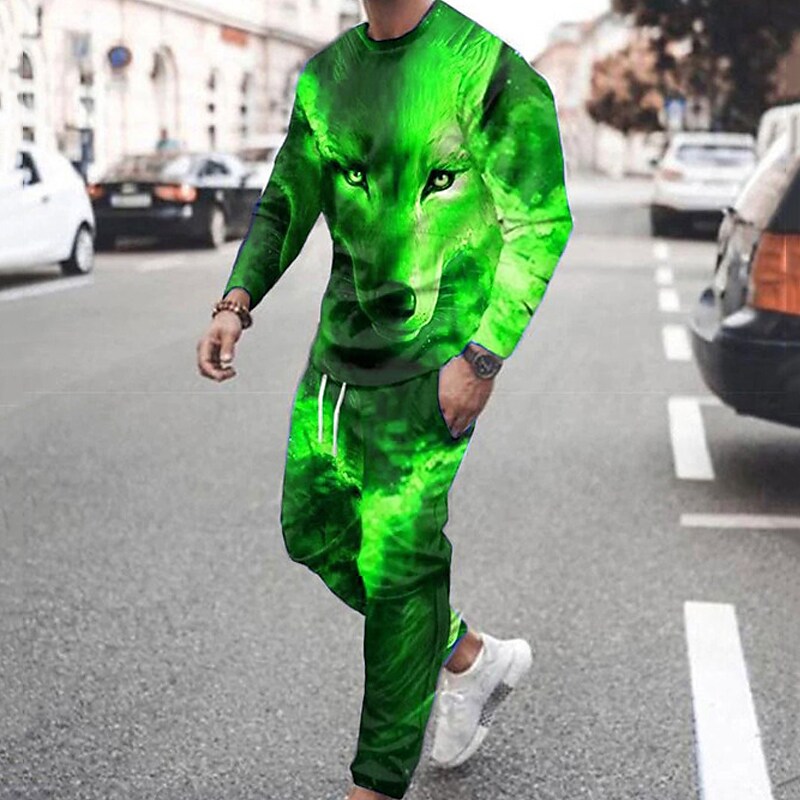 Men's Tracksuit Hoodies Set Crew Neck Graphic Wolf 2 Piece Casual Sports 3D Print Streetwear Sportswear 