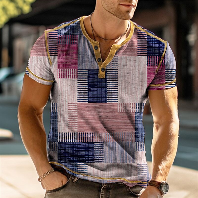 Men's Henley Shirt Graphic Plaid Color Block Henley Print Outdoor Daily Short Sleeve Button-Down Print Comfortable Top