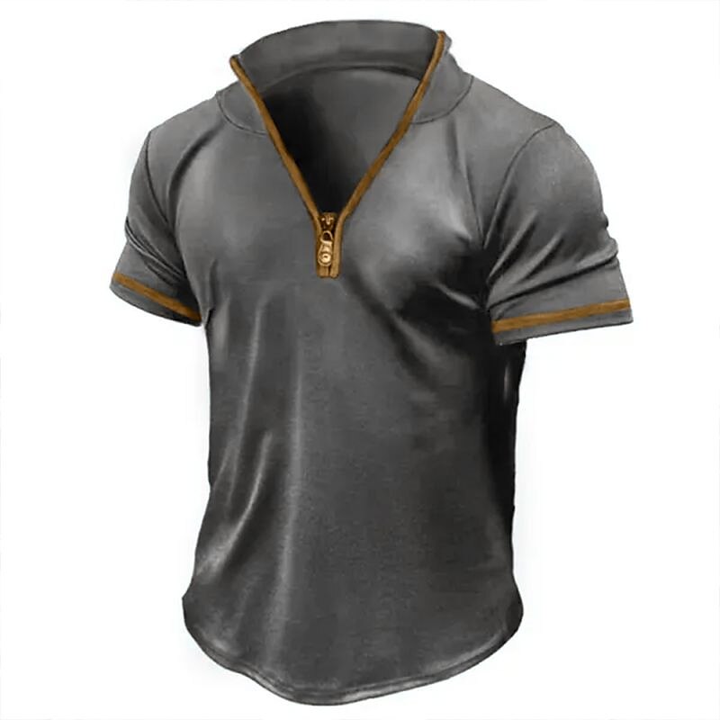 Men's Outdoor Casual Street Vacation Comfortable Breathable Light Plain Zipped Short Sleeve Shirt