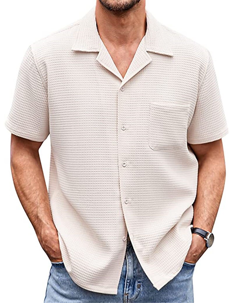 Men's Casual Vacation Beach Fashion Breathable Soft Front Pocket Plain Short Sleeves Shirt