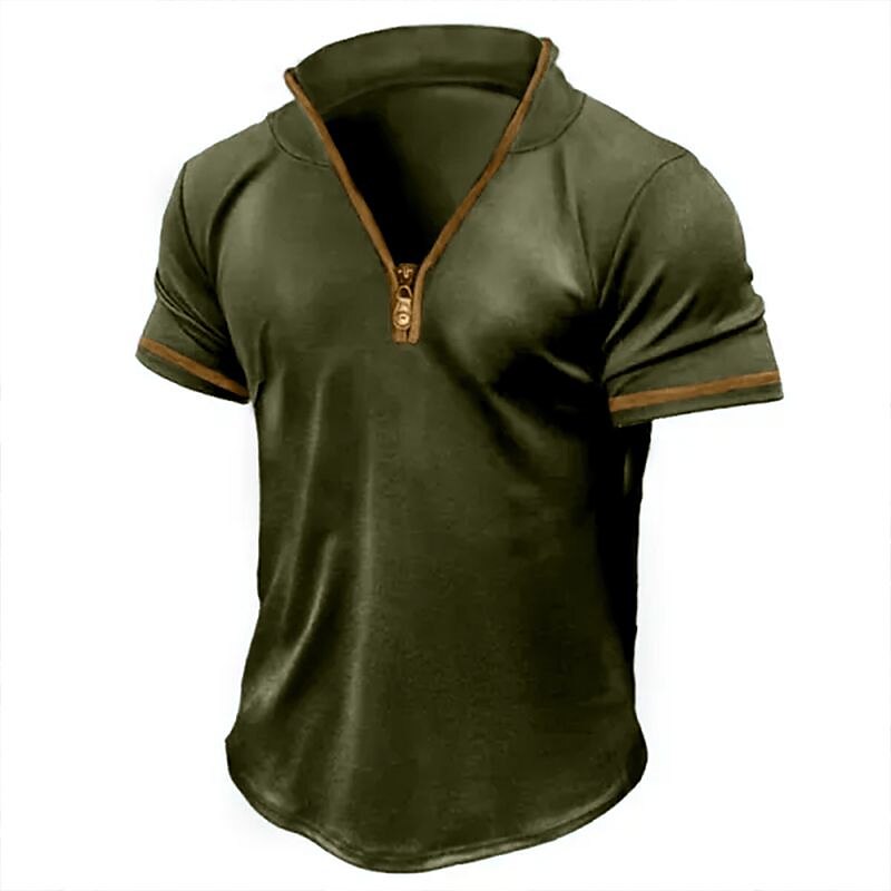 Men's Outdoor Casual Street Vacation Comfortable Breathable Light Plain Zipped Short Sleeve Shirt