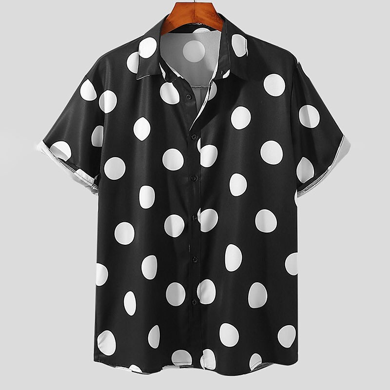 Men's Button Up Summer Casual Shirt Short Sleeve Polka Dot Lapel Outdo