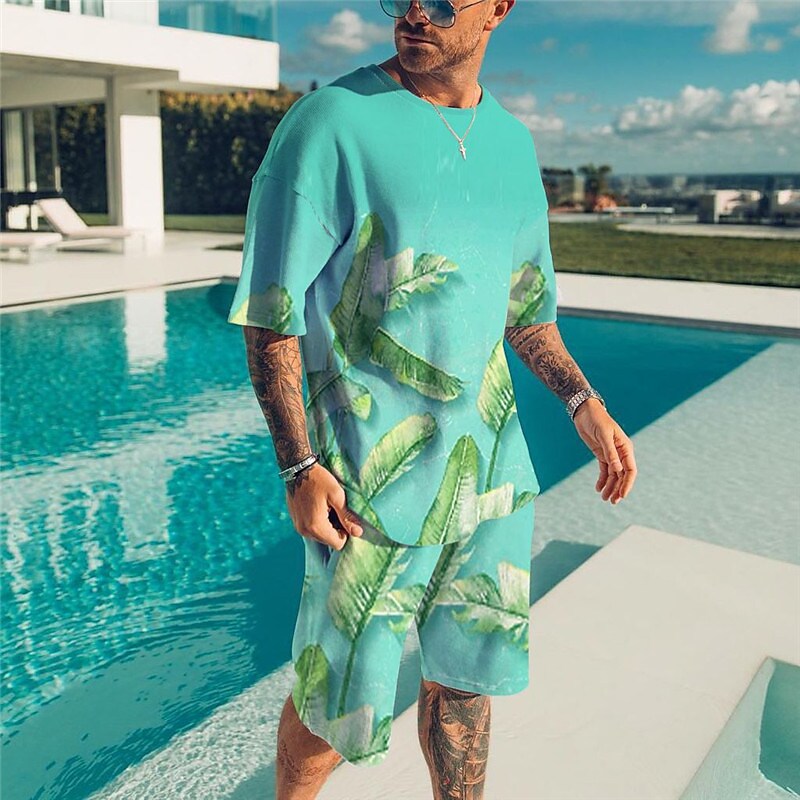 Men's Shorts and T Shirt Set Outfits Graphic Tropical Plant Crew Neck Outdoor Short Sleeve 3D Print 2 Piece set