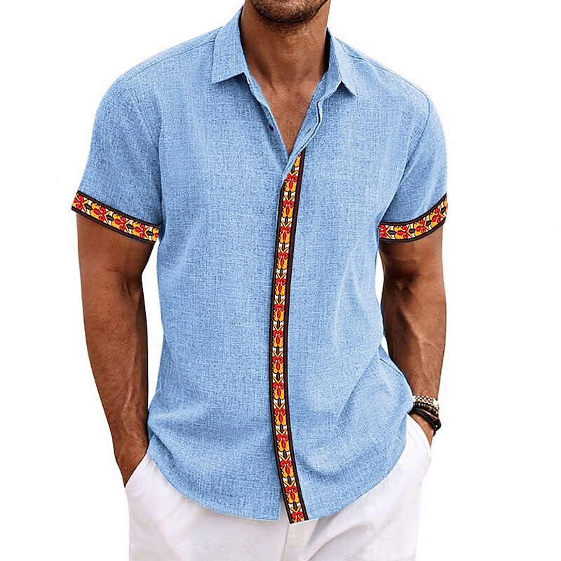 Men's Linen Graphic Prints Geometry Turndown Outdoor Street Short Sleeves Print Clothing Apparel Linen Casual Top