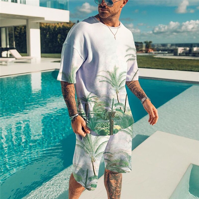 Men's Shorts and T Shirt Set Outfits Graphic Tropical Plant Crew Neck Outdoor Short Sleeve 3D Print 2 Piece set